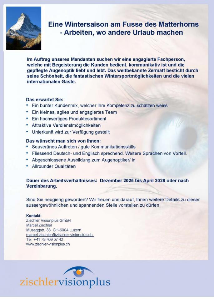 Zischlervisionplus - Fachkraft für die Wintersaison in Zermatt