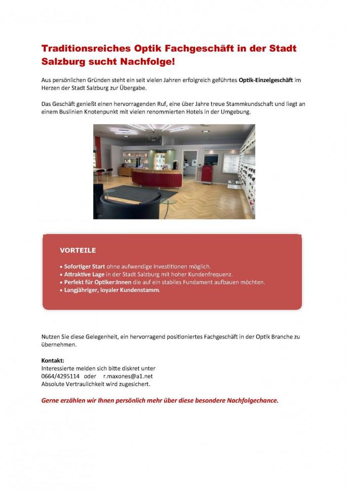 Optikgeschäft in Salzburg sucht Nachfolger