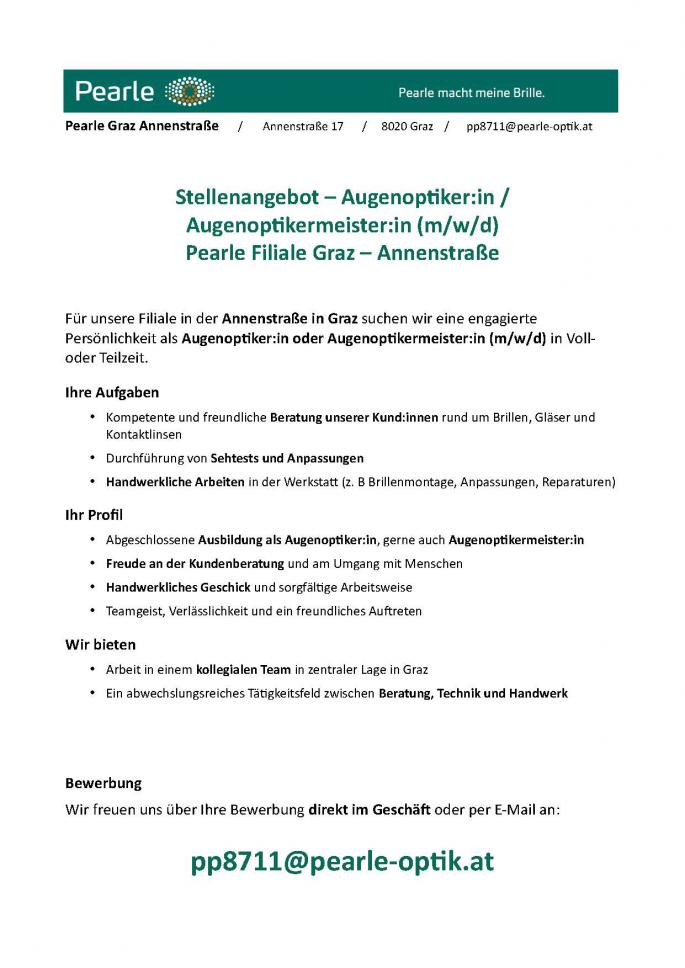 Pearle Graz sucht Augenoptiker:in / Augenoptikermeister:in (m/w/d)