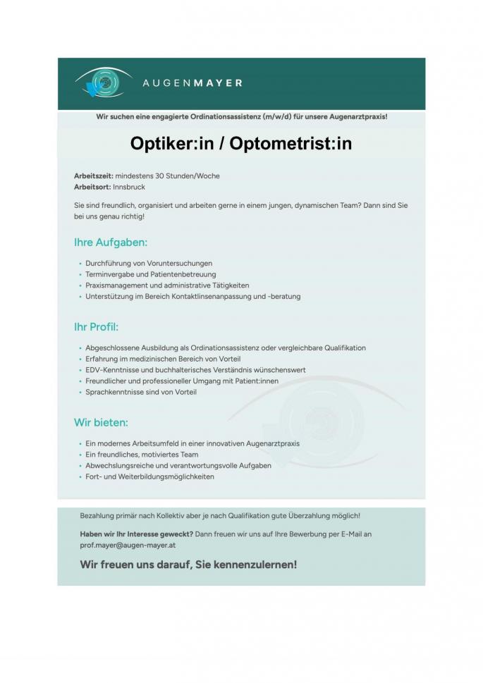 Augenmayer sucht Optiker:in / Optometrist:in