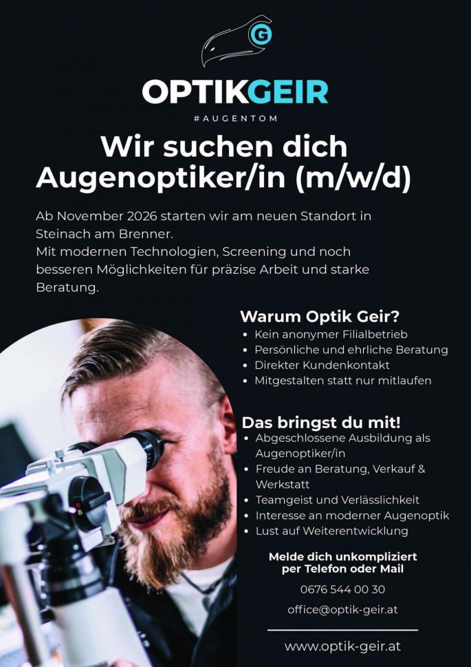 Optik Geir sucht einen Augenoptiker (m/w/d) in Steinach