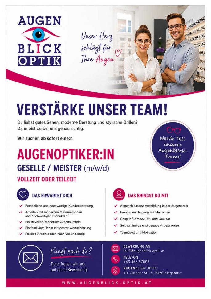 Augenblick - Optik sucht Augenoptiker (Meister oder Gesellen)