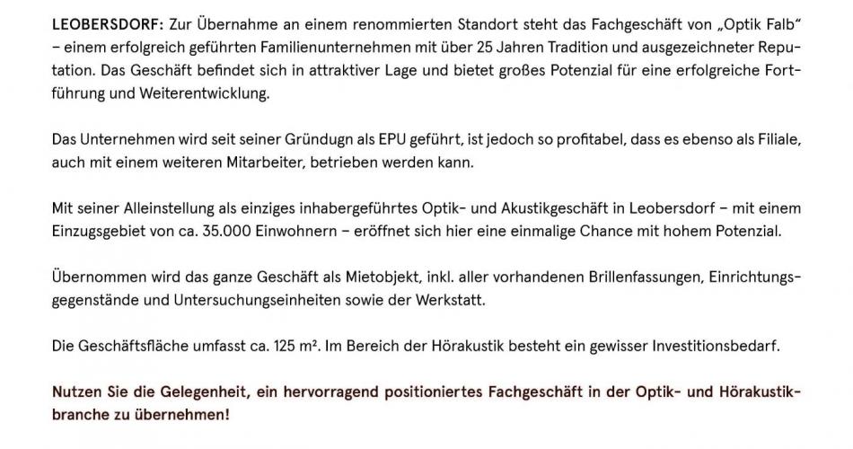 Übernahme Fachgeschäft in Leobersdorf