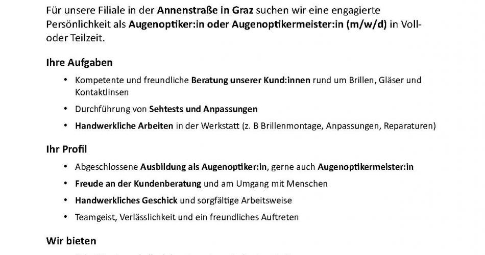 Pearle Graz sucht Augenoptiker:in / Augenoptikermeister:in (m/w/d)