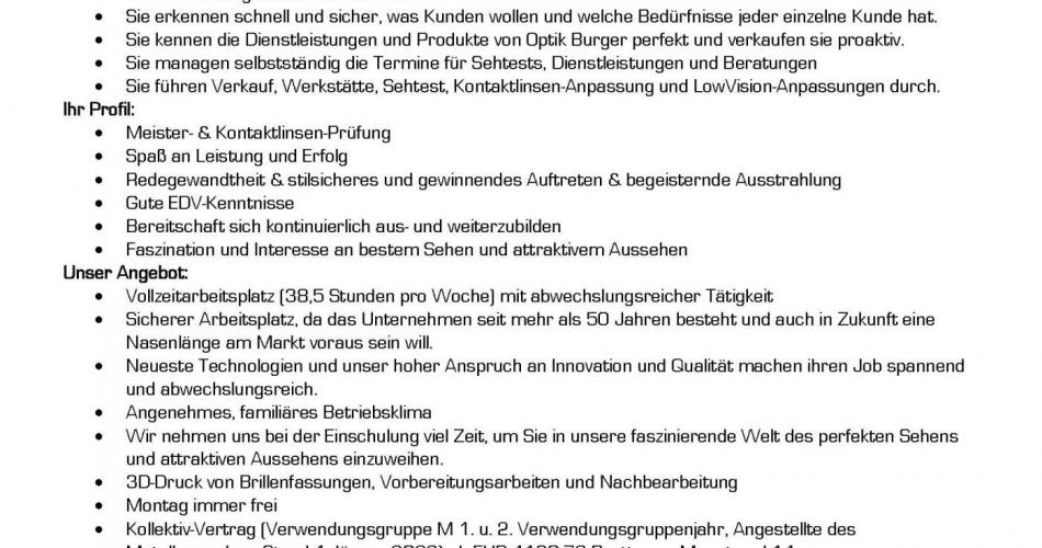 Optik Burger in Wien sucht einen Meister in Vollzeit